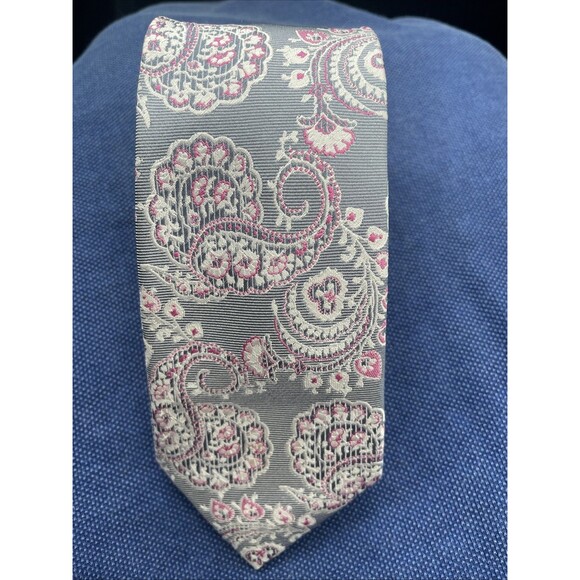 Ted Baker London Men's Silk Tie, Gray & Pink Paisley Pattern - Picture 1 of 1